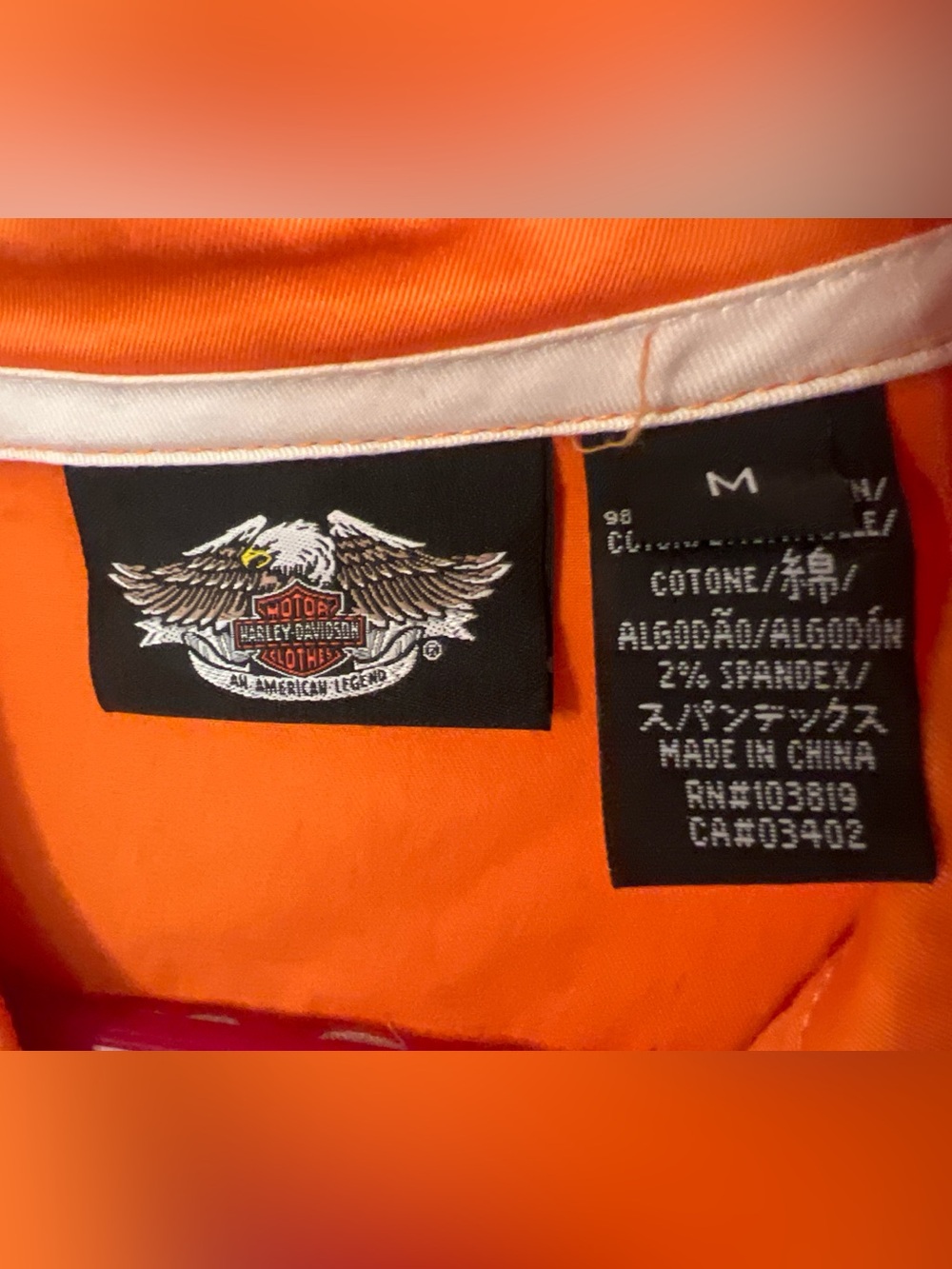 Harley-Davidson Women’s Orange Black Zip Front Shirt Wing Logo Back Size Medium - Picture 2 of 3
